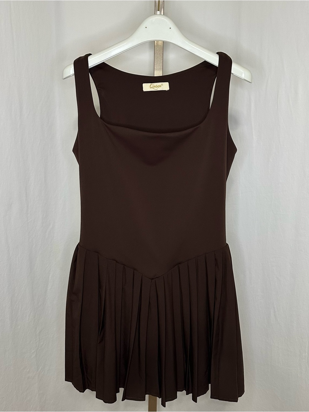 Qinsen Brown Pleated Mini Dress